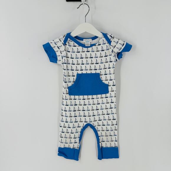 Feather Baby Sailboat Print Romper Blue White 9–12 Months 100% Pima Cotton - Picture 6 of 6